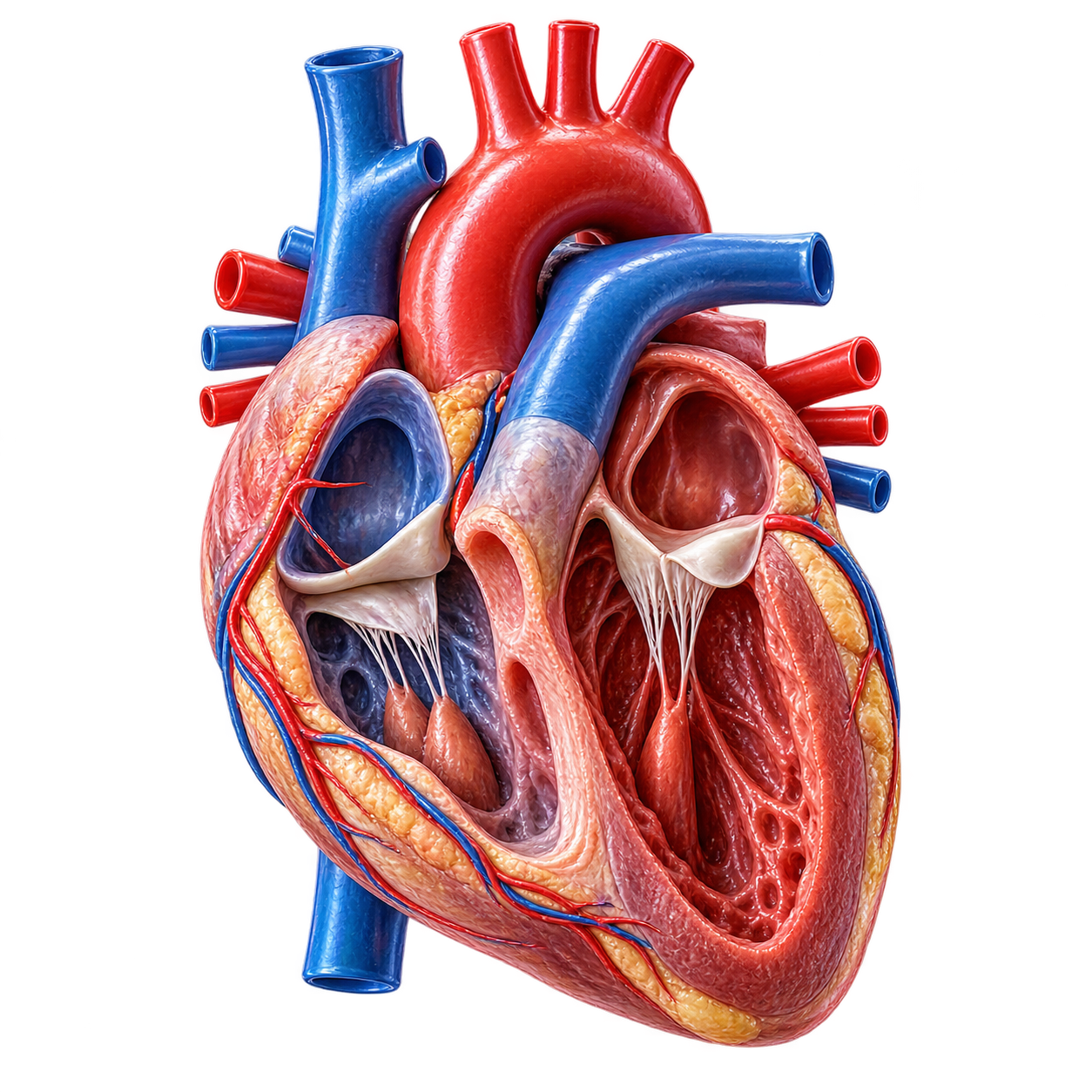 Kalbin odacıklarını, kapaklarını ve ana damarlarını gösteren anatomik kalp modeli